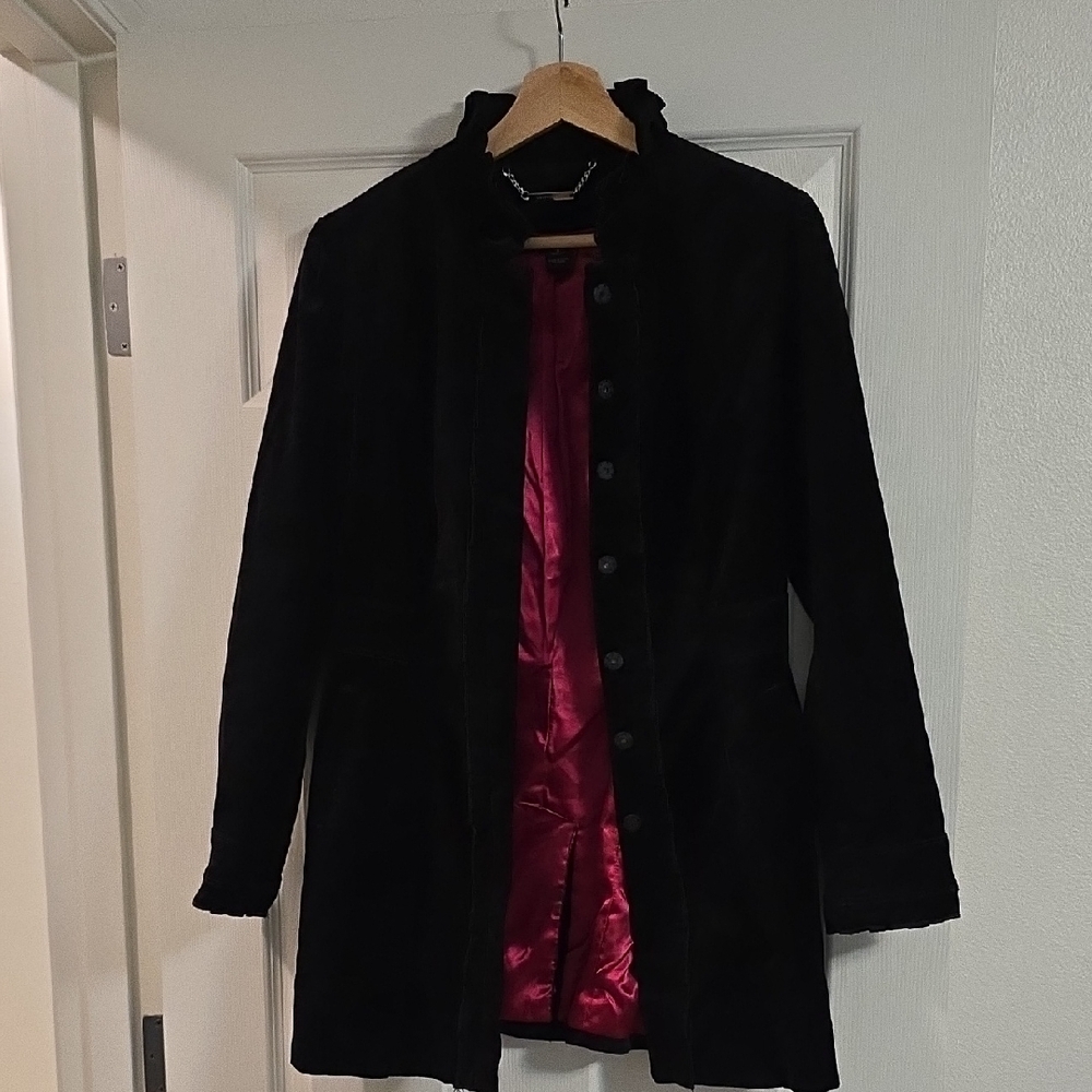 WHBM Black Velvet Trench Coat with Pink Lining